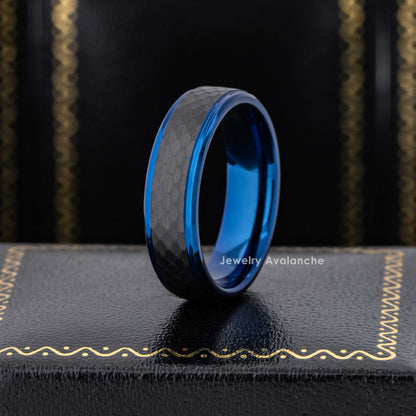 Jewelry Avalanche 6mm Stepped Black & Blue IP Hammered Tungsten Carbide Mens Womens Wedding Band