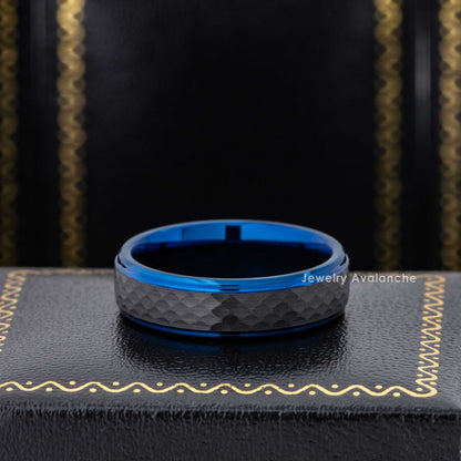 Jewelry Avalanche 6mm Stepped Black & Blue IP Hammered Tungsten Carbide Mens Womens Wedding Band
