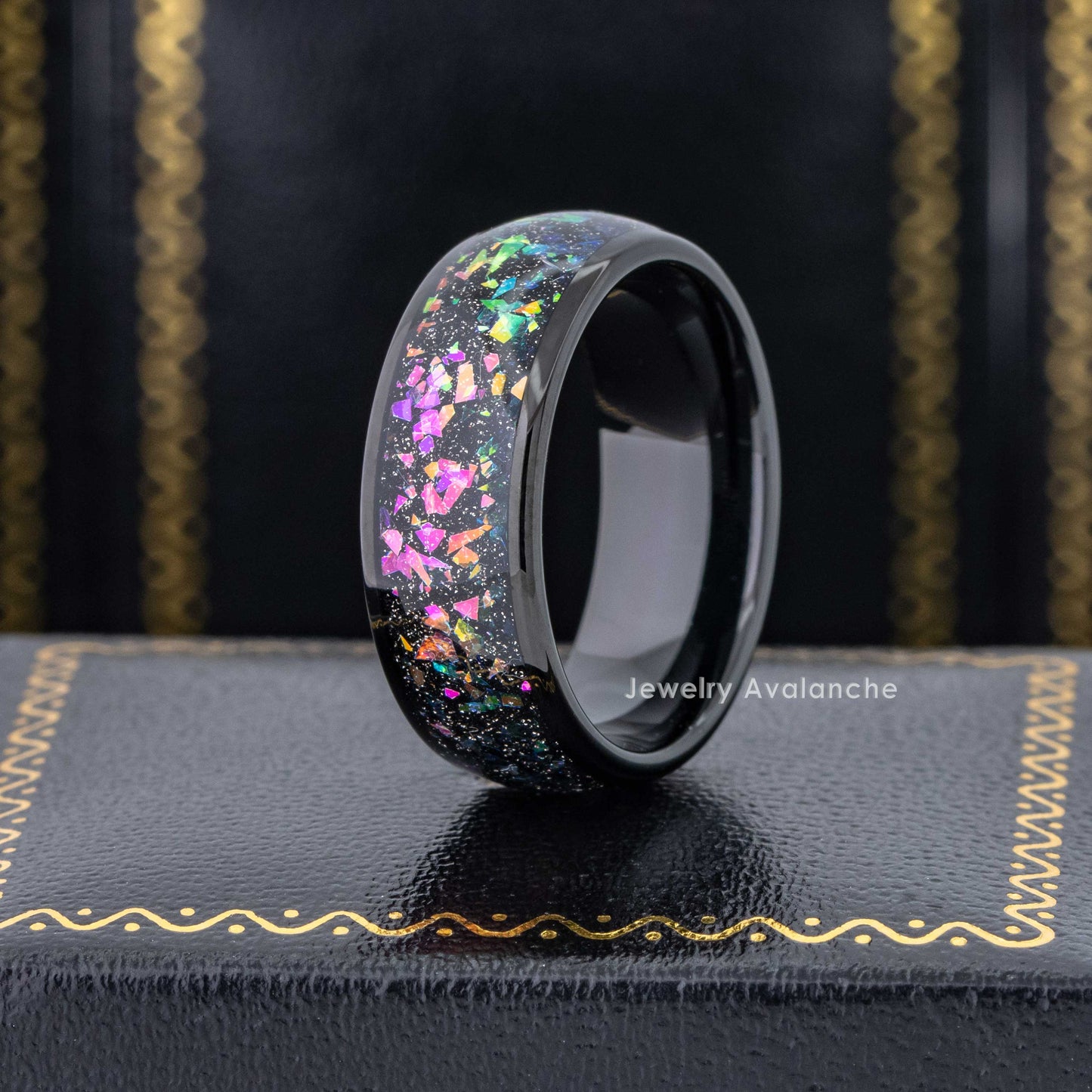 Jewelry Avalanche 8mm Dome Black IP Opal & Abalone Inlay Tungsten Carbide Mens Wedding Band