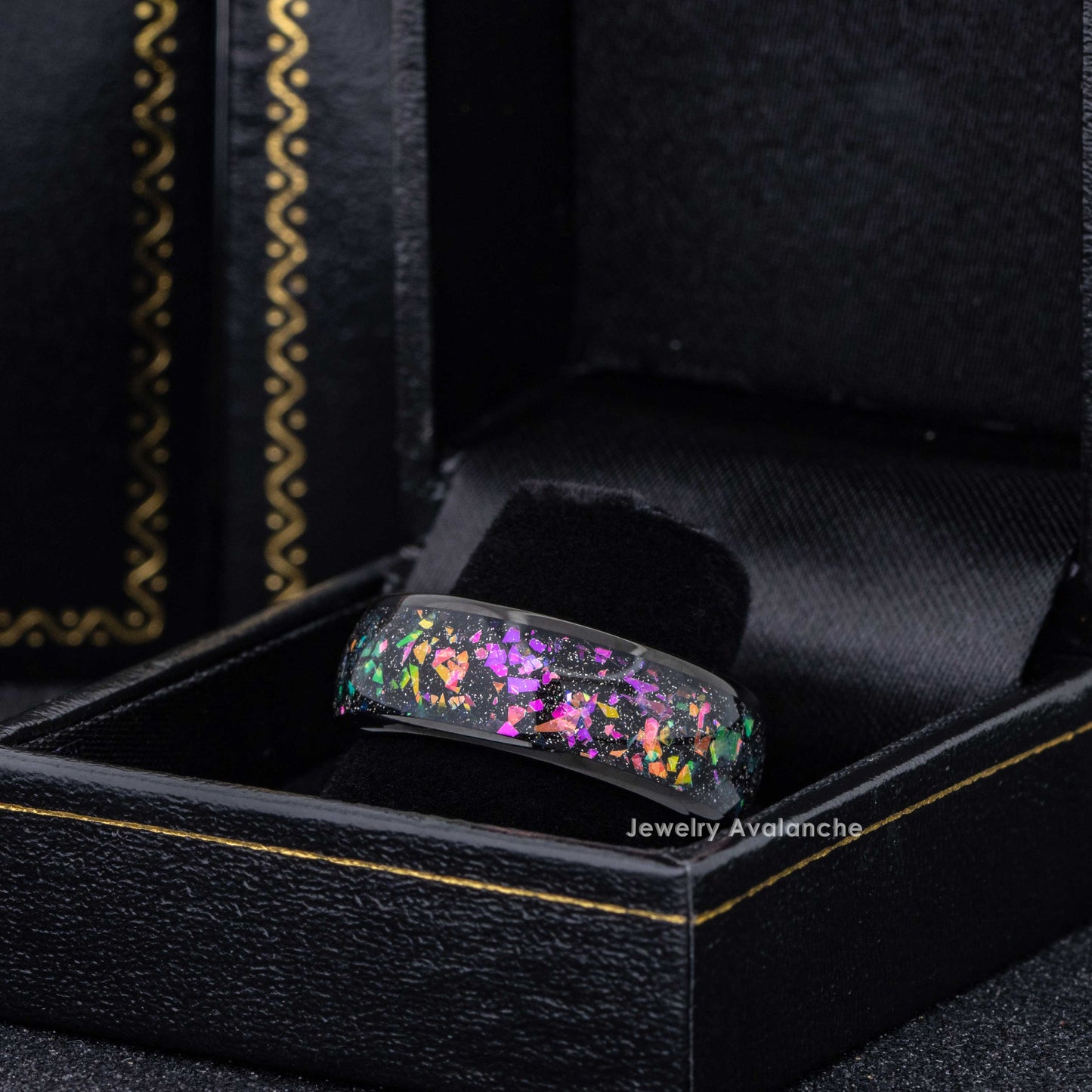 Jewelry Avalanche 8mm Dome Black IP Opal & Abalone Inlay Tungsten Carbide Mens Wedding Band