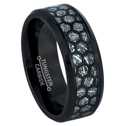 Jewelry Avalanche 8mm Beveled Black IP Honeycomb & Meteorite Inlay Tungsten Carbide Mens Wedding Band
