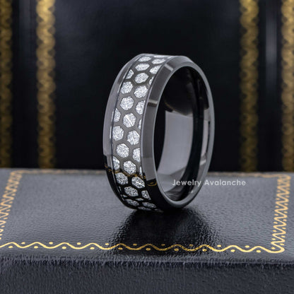 Jewelry Avalanche 8mm Beveled Black IP Honeycomb & Meteorite Inlay Tungsten Carbide Mens Wedding Band