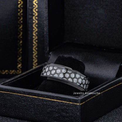 Jewelry Avalanche 8mm Beveled Black IP Honeycomb & Meteorite Inlay Tungsten Carbide Mens Wedding Band