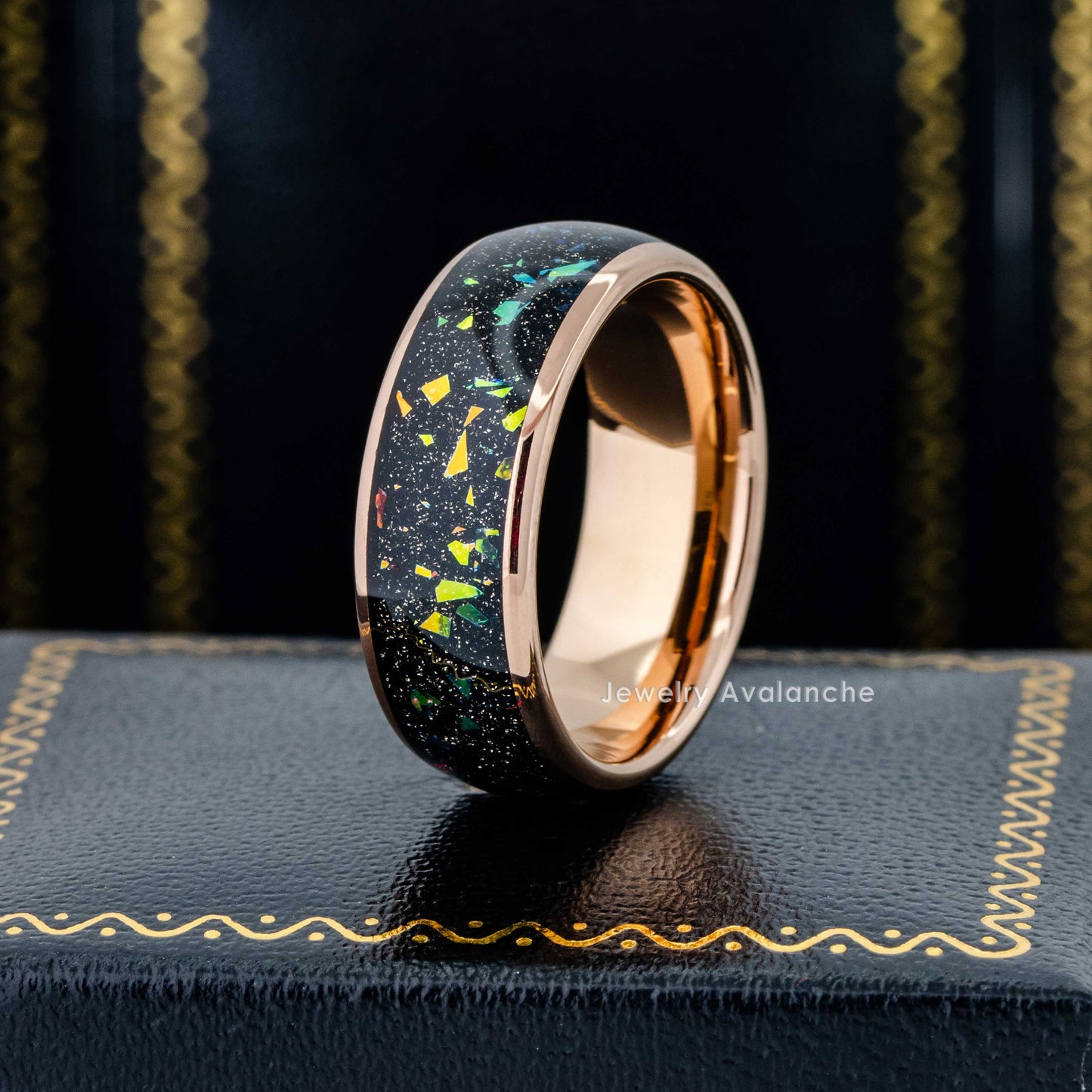 Jewelry Avalanche 8mm Dome Rose Gold IP Opal & Abalone Inlay Tungsten Carbide Mens Wedding Band