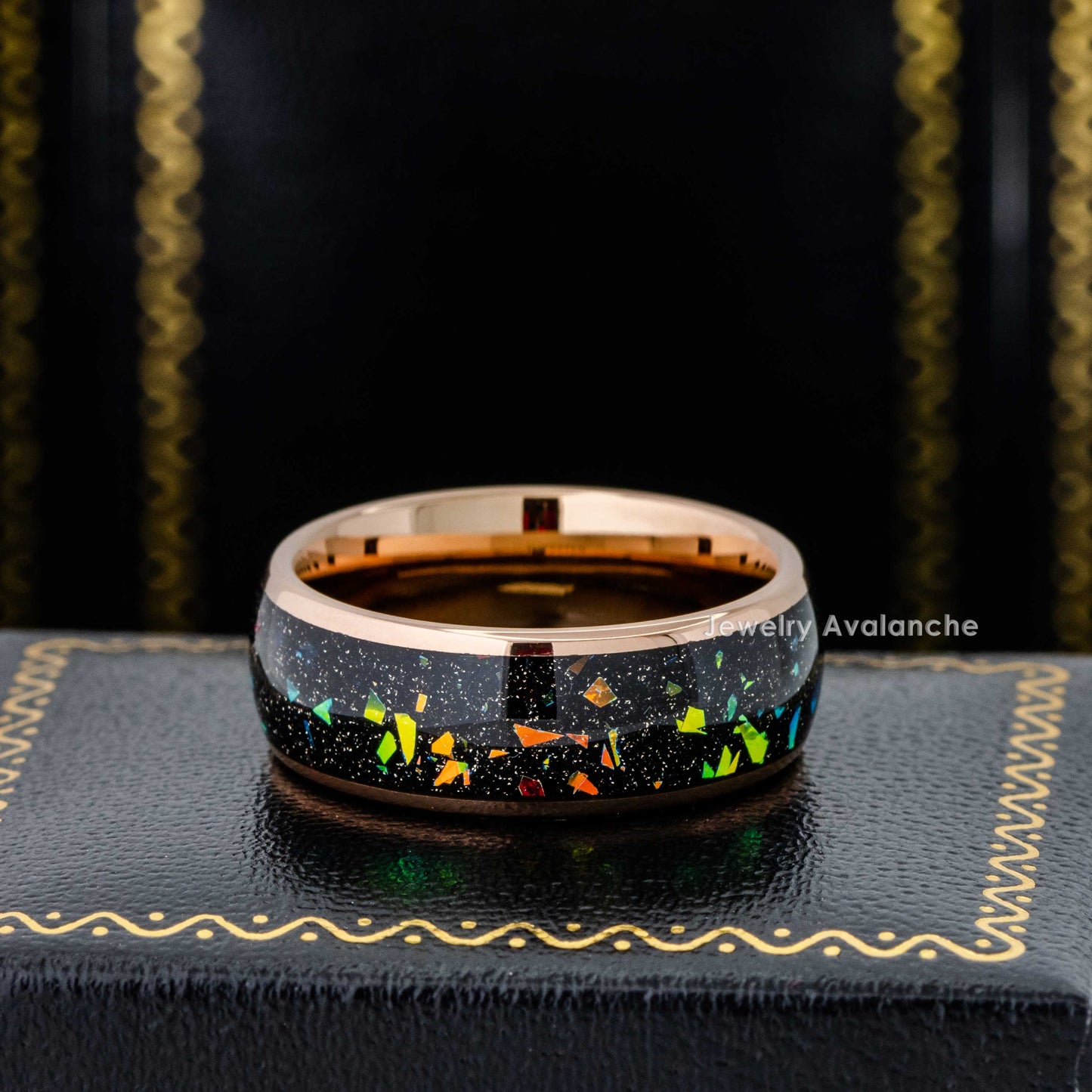 Jewelry Avalanche 8mm Dome Rose Gold IP Opal & Abalone Inlay Tungsten Carbide Mens Wedding Band
