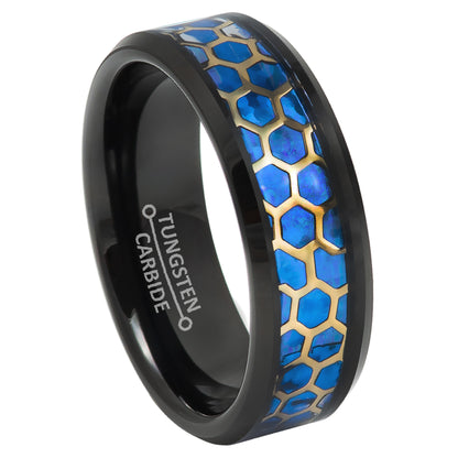 Jewelry Avalanche 8mm Beveled Black IP Honeycomb & Opal Inlay Tungsten Carbide Mens Wedding Band