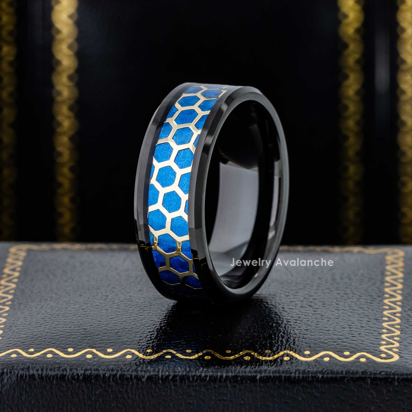 Jewelry Avalanche 8mm Beveled Black IP Honeycomb & Opal Inlay Tungsten Carbide Mens Wedding Band