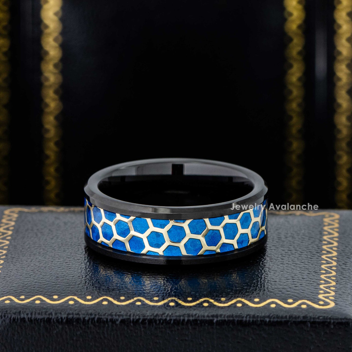Jewelry Avalanche 8mm Beveled Black IP Honeycomb & Opal Inlay Tungsten Carbide Mens Wedding Band