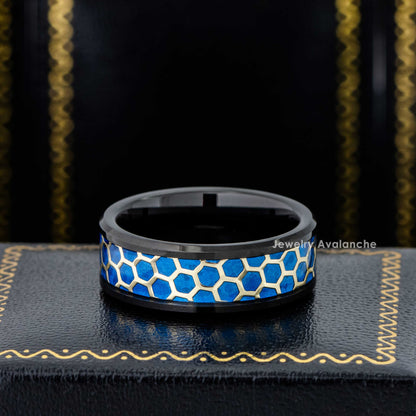 Jewelry Avalanche 8mm Beveled Black IP Honeycomb & Opal Inlay Tungsten Carbide Mens Wedding Band