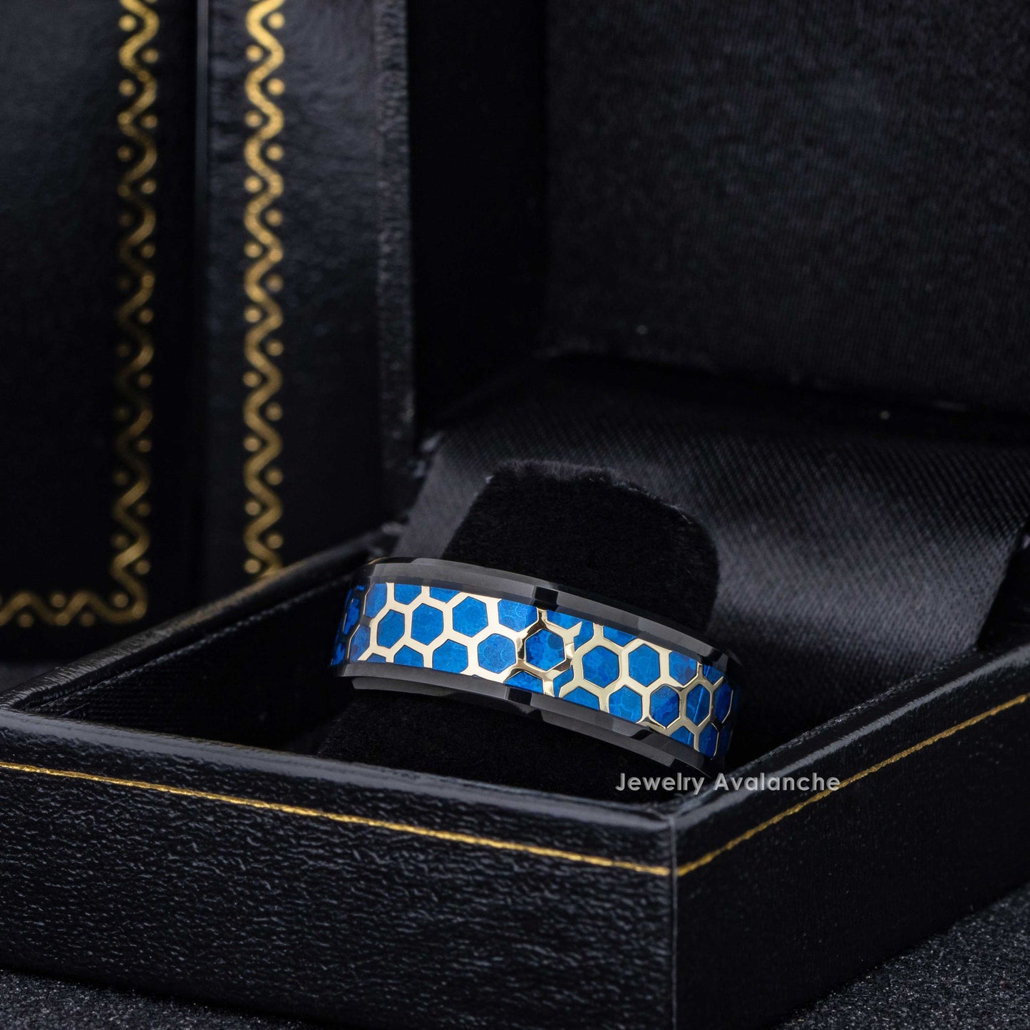 Jewelry Avalanche 8mm Beveled Black IP Honeycomb & Opal Inlay Tungsten Carbide Mens Wedding Band