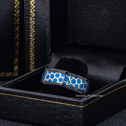 Jewelry Avalanche 8mm Beveled Black IP Honeycomb & Opal Inlay Tungsten Carbide Mens Wedding Band