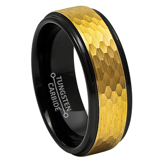 Jewelry Avalanche 8mm Stepped Black & Gold IP Hammered Tungsten Carbide Mens Wedding Band