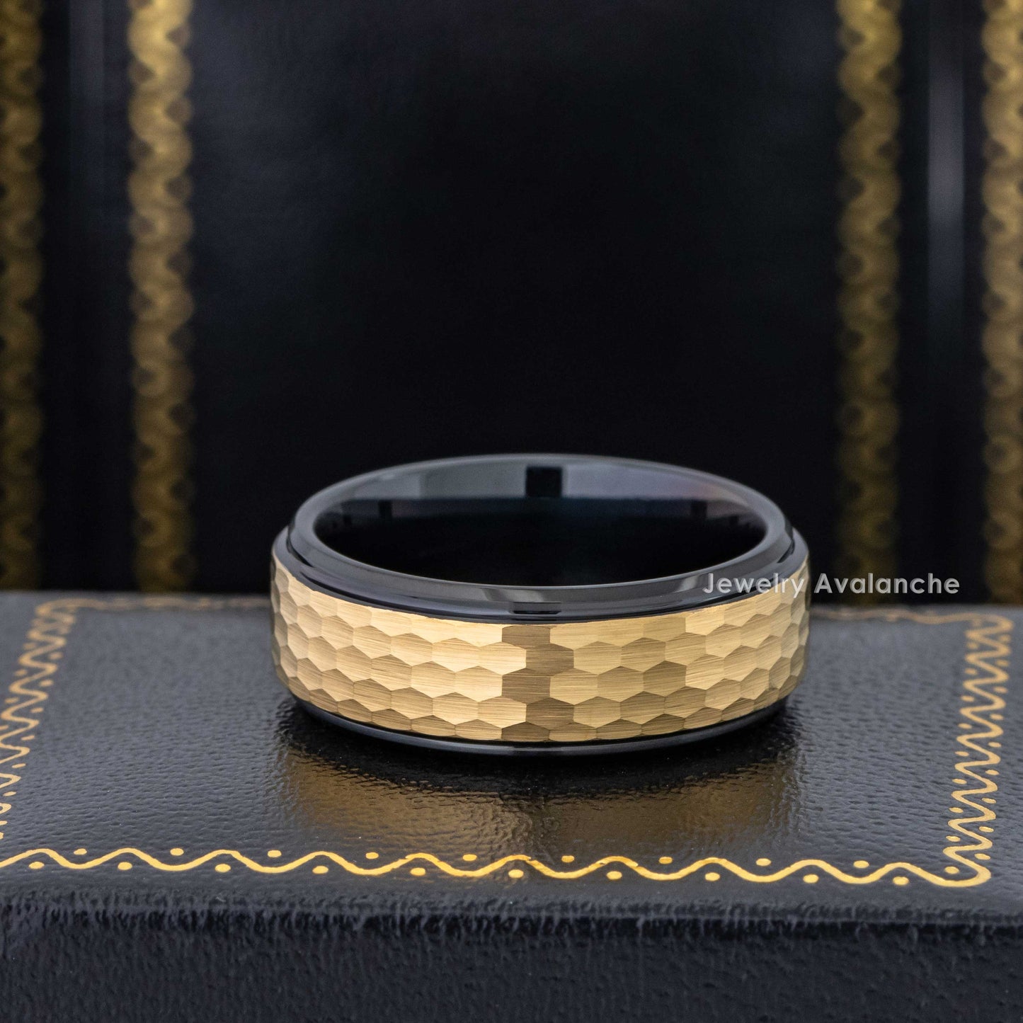 Jewelry Avalanche 8mm Stepped Black & Gold IP Hammered Tungsten Carbide Mens Wedding Band