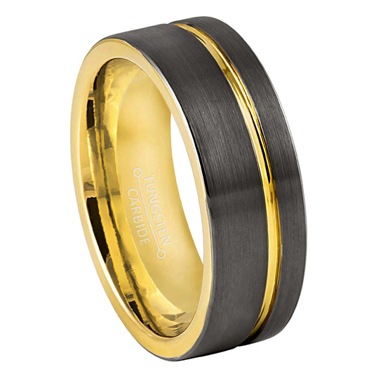 Jewelry Avalanche Gold & Gunmetal IP Grooved Tungsten Carbide Mens Wedding Band Pipe Cut