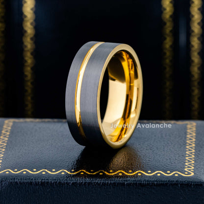 Jewelry Avalanche Gold & Gunmetal IP Grooved Tungsten Carbide Mens Wedding Band Pipe Cut