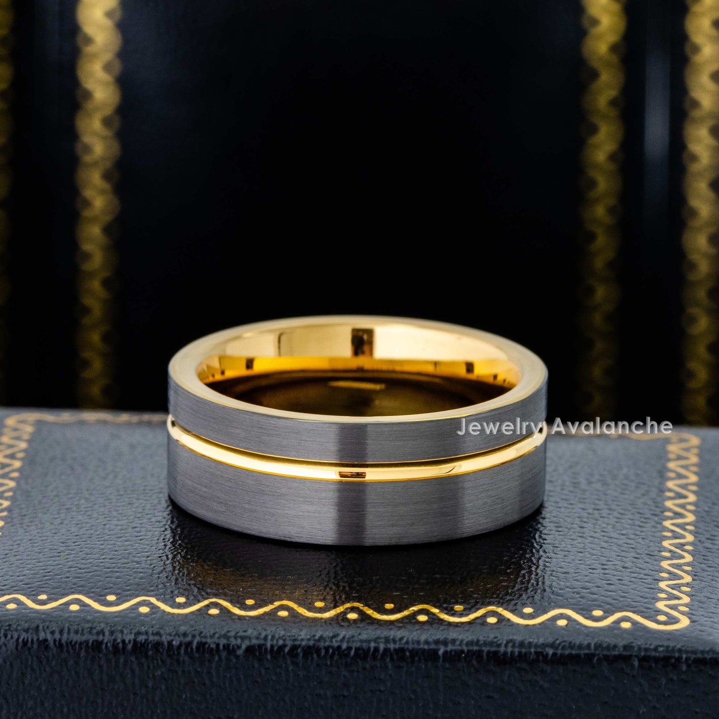 Jewelry Avalanche Gold & Gunmetal IP Grooved Tungsten Carbide Mens Wedding Band Pipe Cut