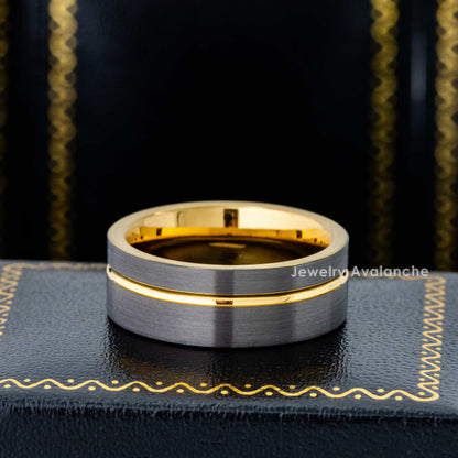 Jewelry Avalanche Gold & Gunmetal IP Grooved Tungsten Carbide Mens Wedding Band Pipe Cut