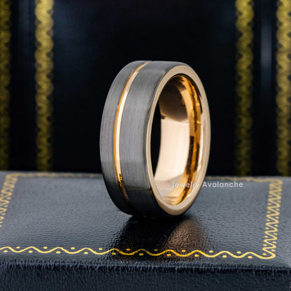 Jewelry Avalanche Rose Gold & Gunmetal IP Grooved Tungsten Carbide Mens Wedding Band Pipe Cut