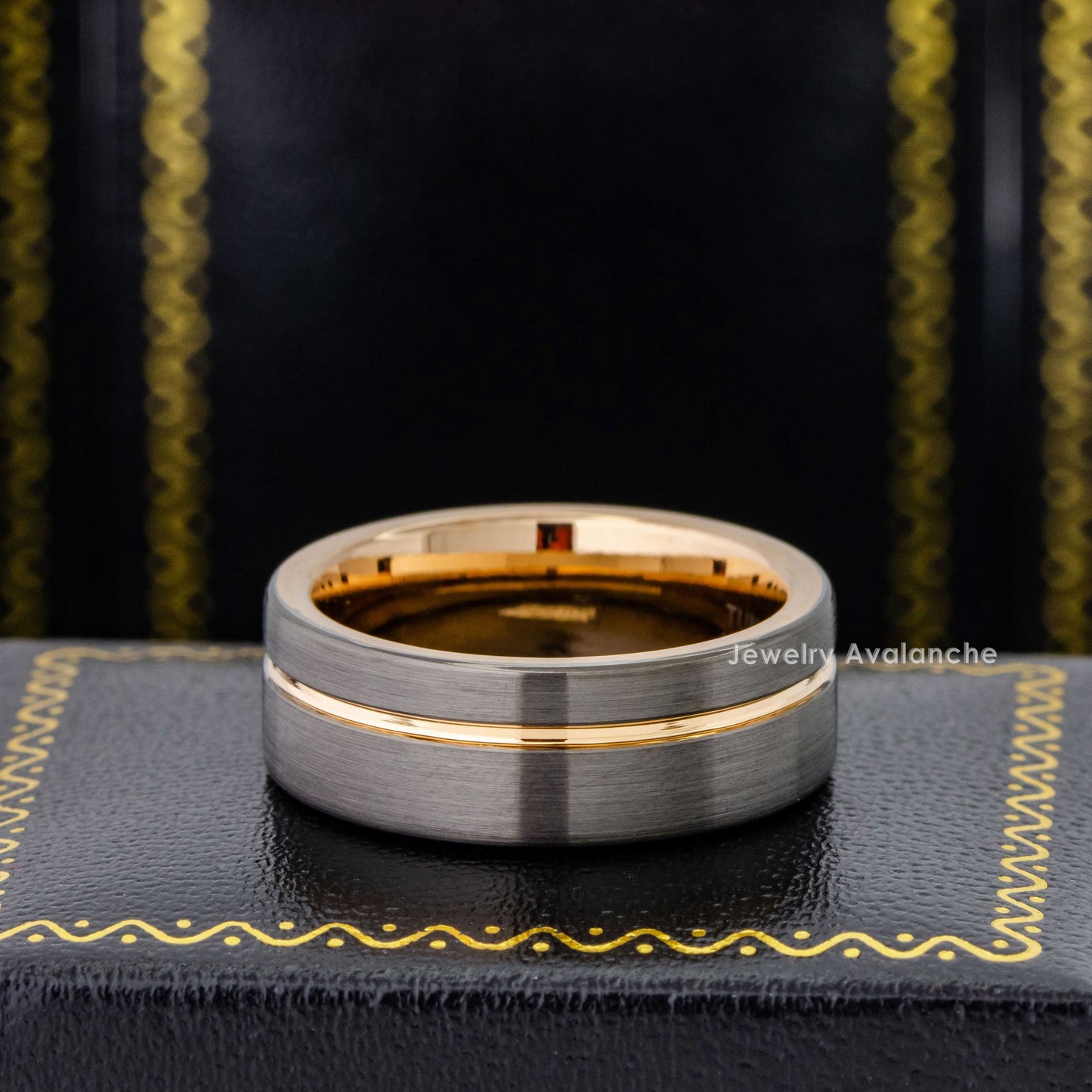 Jewelry Avalanche Rose Gold & Gunmetal IP Grooved Tungsten Carbide Mens Wedding Band Pipe Cut