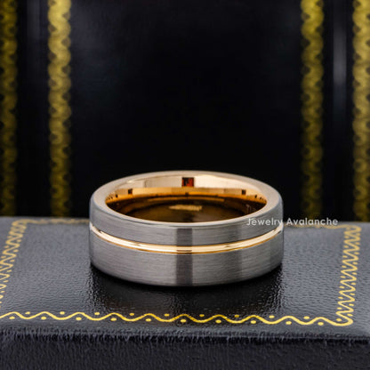 Jewelry Avalanche Rose Gold & Gunmetal IP Grooved Tungsten Carbide Mens Wedding Band Pipe Cut