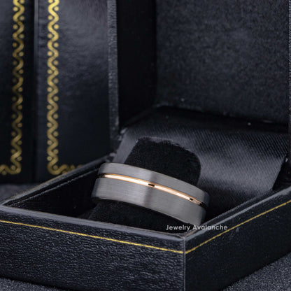 Jewelry Avalanche Rose Gold & Gunmetal IP Grooved Tungsten Carbide Mens Wedding Band Pipe Cut