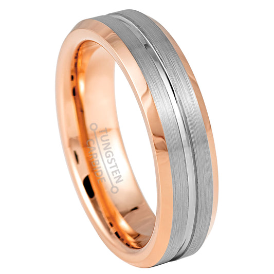 Jewelry Avalanche 2-Tone Rose Gold Grooved Tungsten Carbide Men Women Wedding Band 6mm