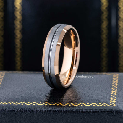 Jewelry Avalanche 2-Tone Rose Gold Grooved Tungsten Carbide Men Women Wedding Band 6mm