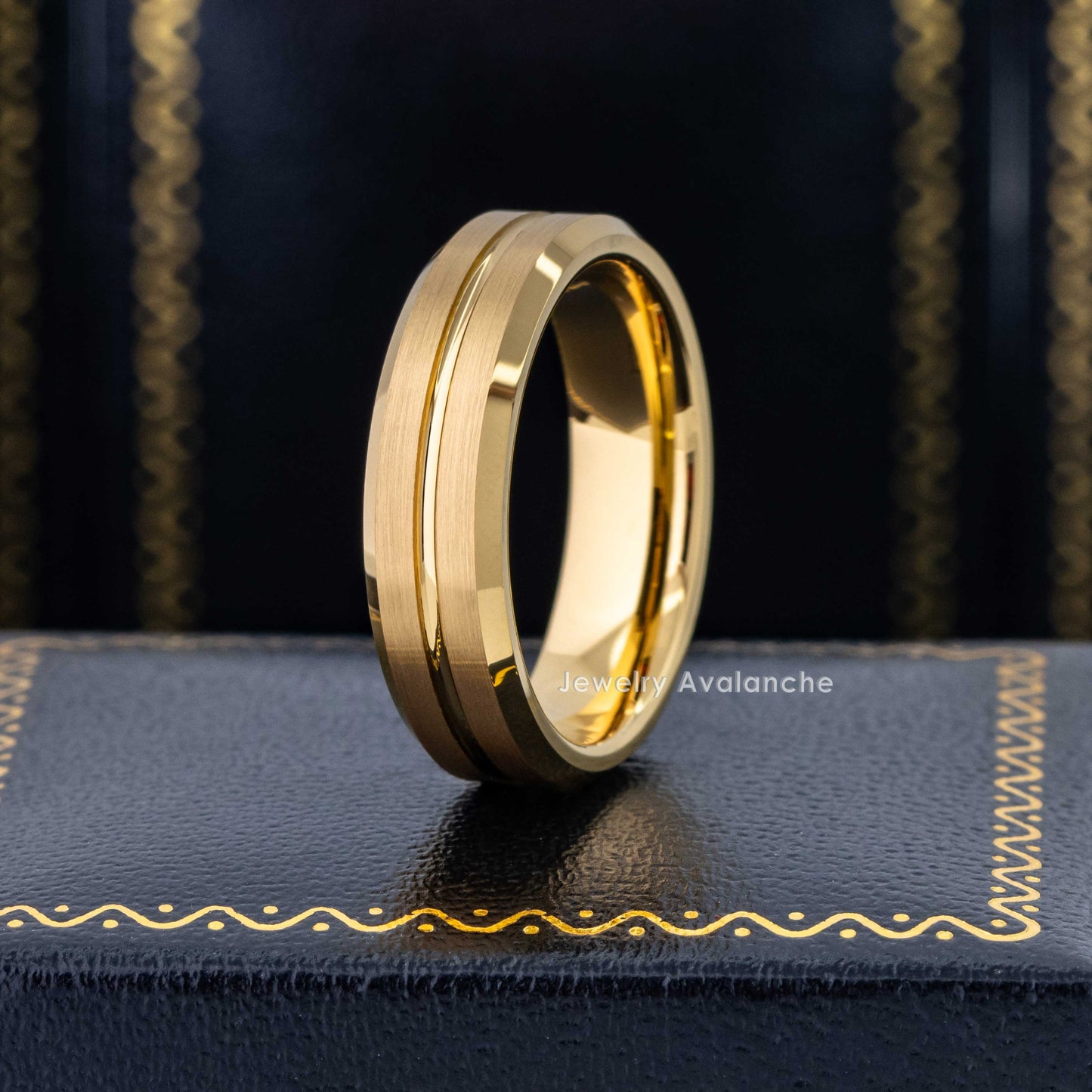 Jewelry Avalanche 6mm Beveled Gold IP Grooved Tungsten Carbide Men Women Wedding Band