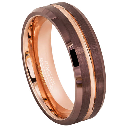 Jewelry Avalanche 6mm Rose Gold & Brown IP Grooved Tungsten Carbide Men Women Wedding Band