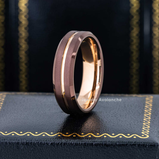 Jewelry Avalanche 6mm Rose Gold & Brown IP Grooved Tungsten Carbide Men Women Wedding Band