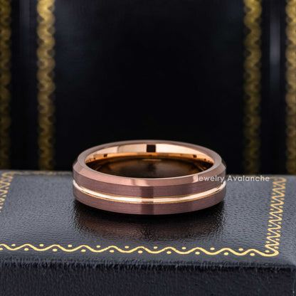 Jewelry Avalanche 6mm Rose Gold & Brown IP Grooved Tungsten Carbide Men Women Wedding Band