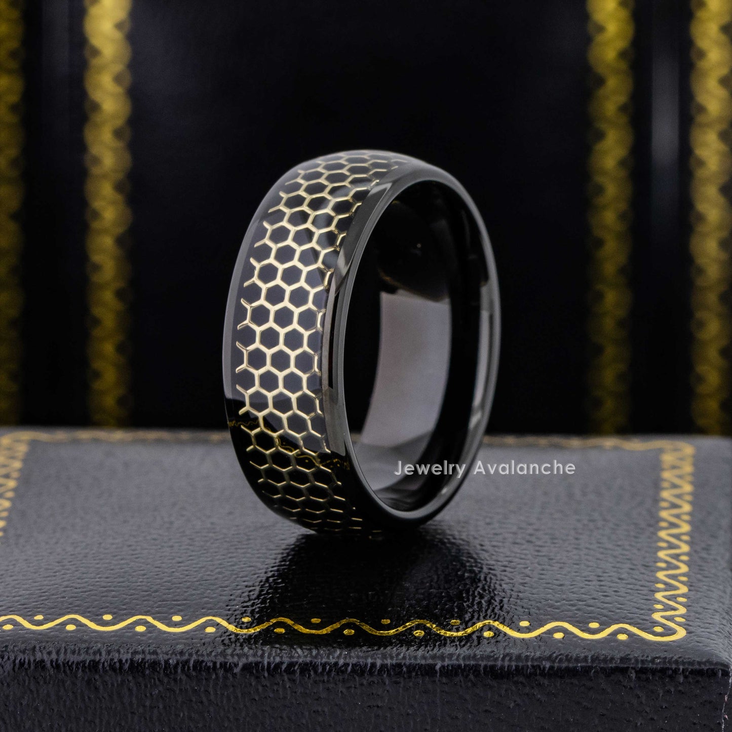 Jewelry Avalanche 8mm Dome Black IP Honeycomb Inlay Tungsten Carbide Mens Wedding Band