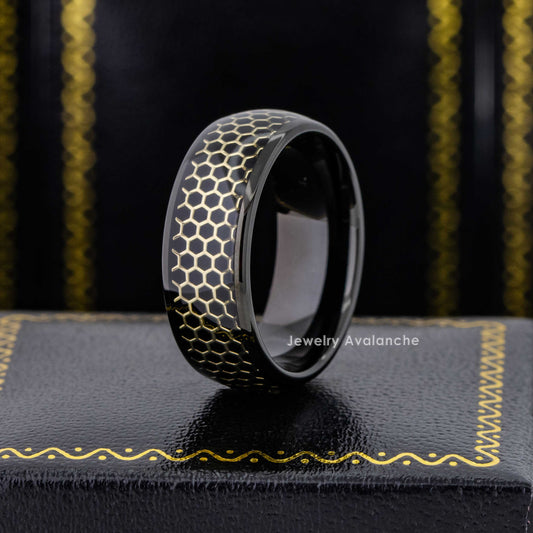 Jewelry Avalanche 8mm Dome Black IP Honeycomb Inlay Tungsten Carbide Mens Wedding Band