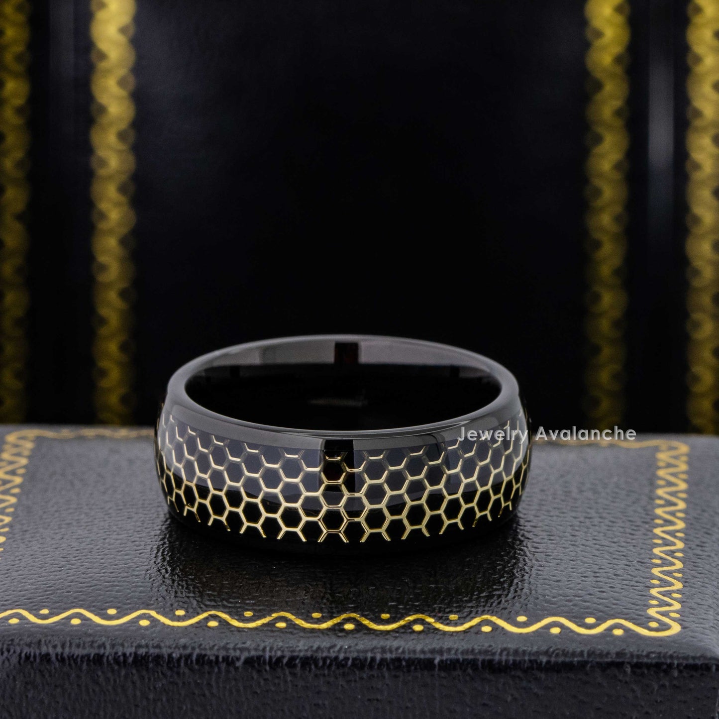 Jewelry Avalanche 8mm Dome Black IP Honeycomb Inlay Tungsten Carbide Mens Wedding Band