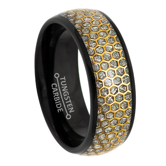 Jewelry Avalanche 8mm Dome Black IP Honeycomb & Meteorite Inlay Tungsten Carbide Mens Wedding Band