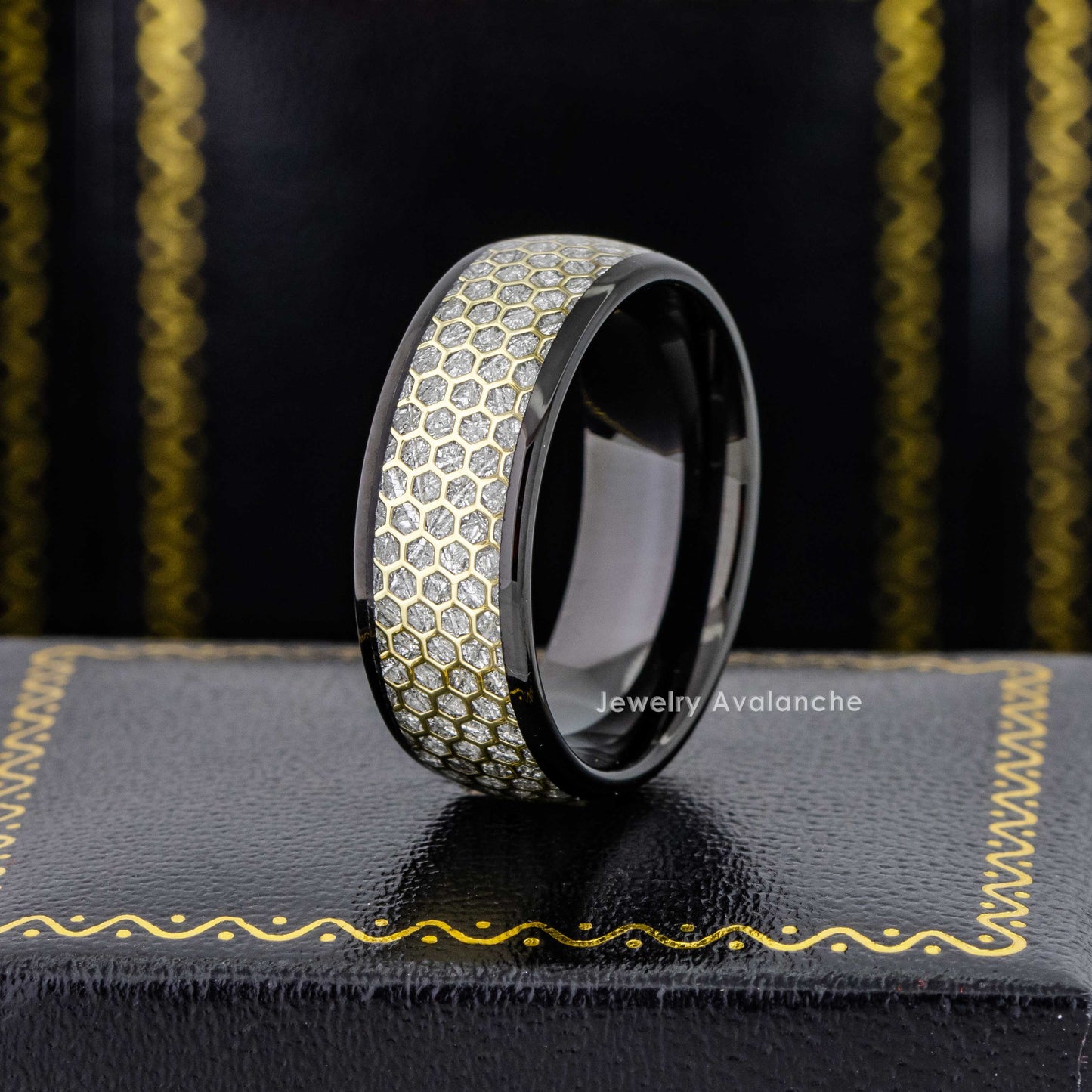 Jewelry Avalanche 8mm Dome Black IP Honeycomb & Meteorite Inlay Tungsten Carbide Mens Wedding Band