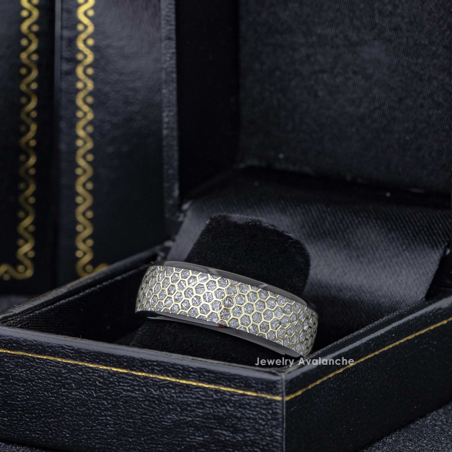 Jewelry Avalanche 8mm Dome Black IP Honeycomb & Meteorite Inlay Tungsten Carbide Mens Wedding Band
