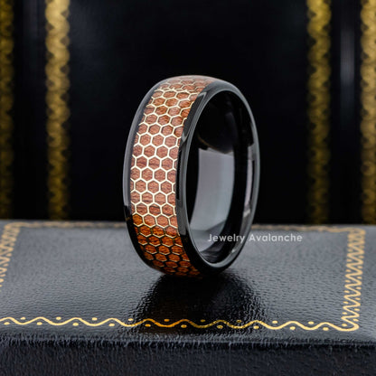 Jewelry Avalanche Black IP Honeycomb and Rosewood Inlay Dome Tungsten Carbide Wedding Band, Comfort-fit, 8mm