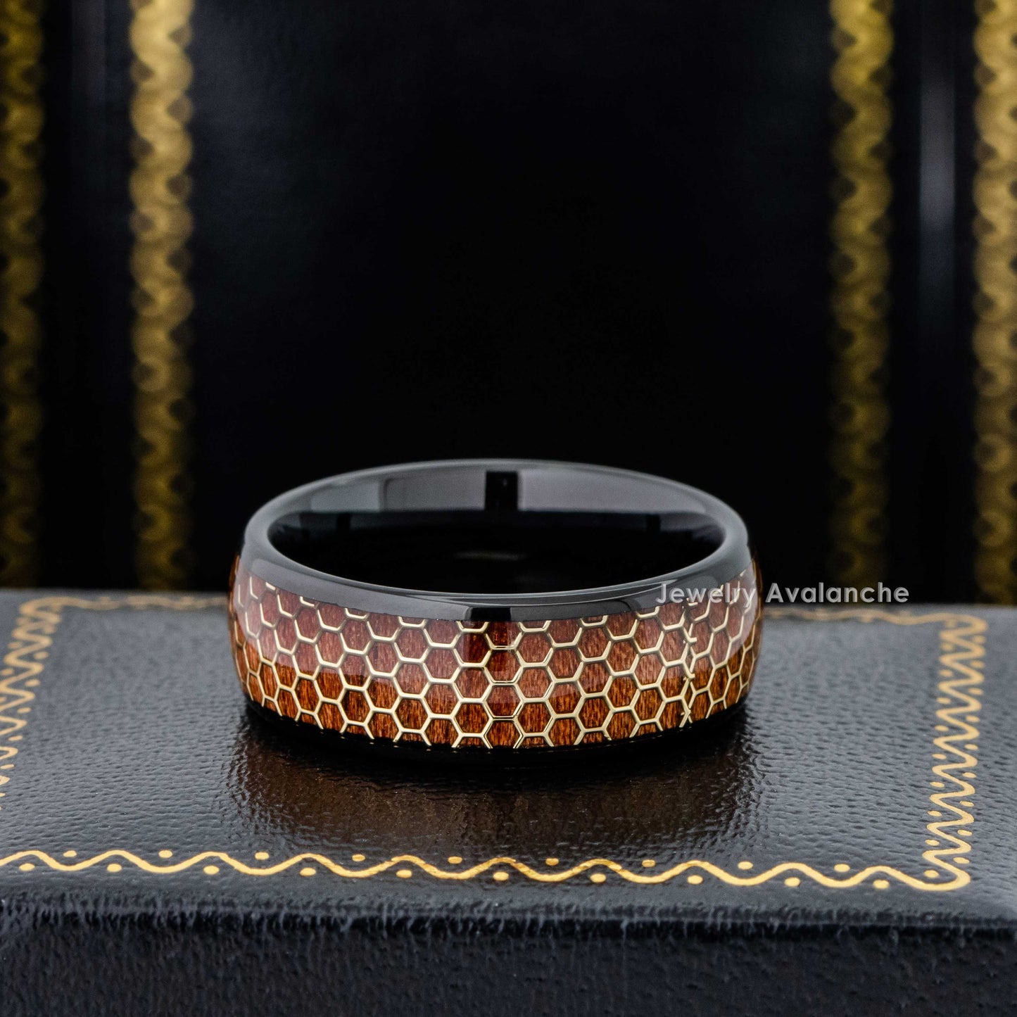 Jewelry Avalanche Black IP Honeycomb and Rosewood Inlay Dome Tungsten Carbide Wedding Band, Comfort-fit, 8mm