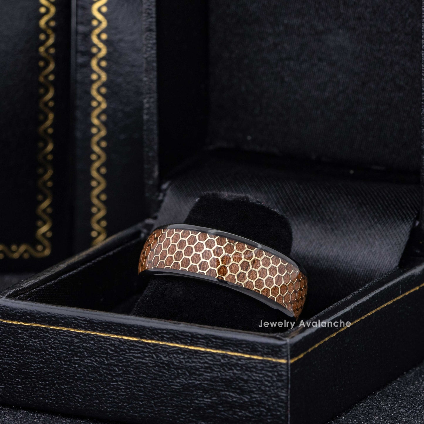 Jewelry Avalanche Black IP Honeycomb and Rosewood Inlay Dome Tungsten Carbide Wedding Band, Comfort-fit, 8mm