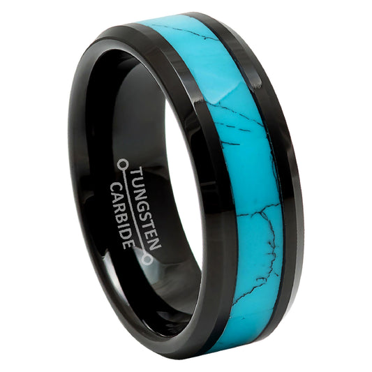 Jewelry Avalanche 8mm Beveled Black IP Blue Turquoise Inlay Tungsten Carbide Mens Wedding Band