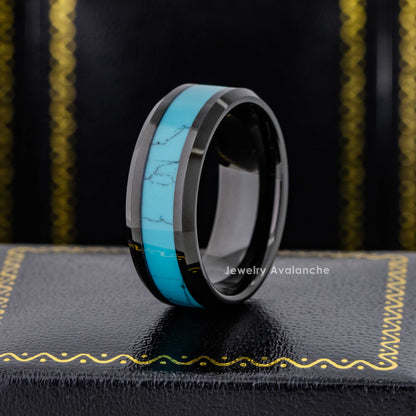 Jewelry Avalanche 8mm Beveled Black IP Blue Turquoise Inlay Tungsten Carbide Mens Wedding Band
