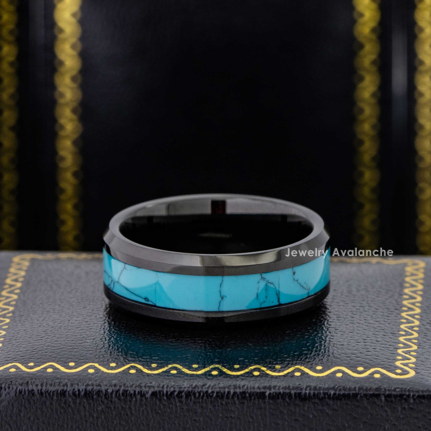 Jewelry Avalanche 8mm Beveled Black IP Blue Turquoise Inlay Tungsten Carbide Mens Wedding Band