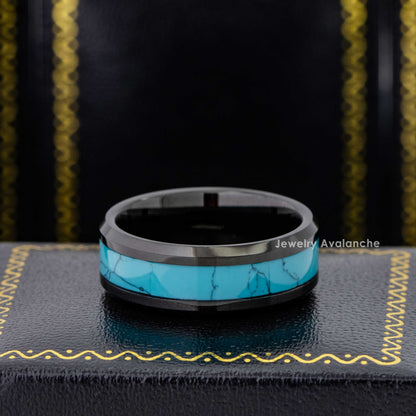 Jewelry Avalanche 8mm Beveled Black IP Blue Turquoise Inlay Tungsten Carbide Mens Wedding Band