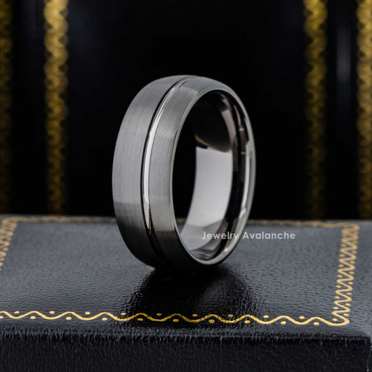 Jewelry Avalanche Mens Gunmetal Tungsten Carbide Wedding Band, Comfort-fit, Dome Offset Grooved, 8mm