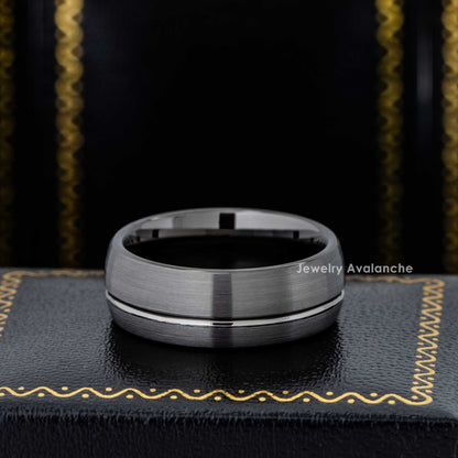 Jewelry Avalanche Mens Gunmetal Tungsten Carbide Wedding Band, Comfort-fit, Dome Offset Grooved, 8mm