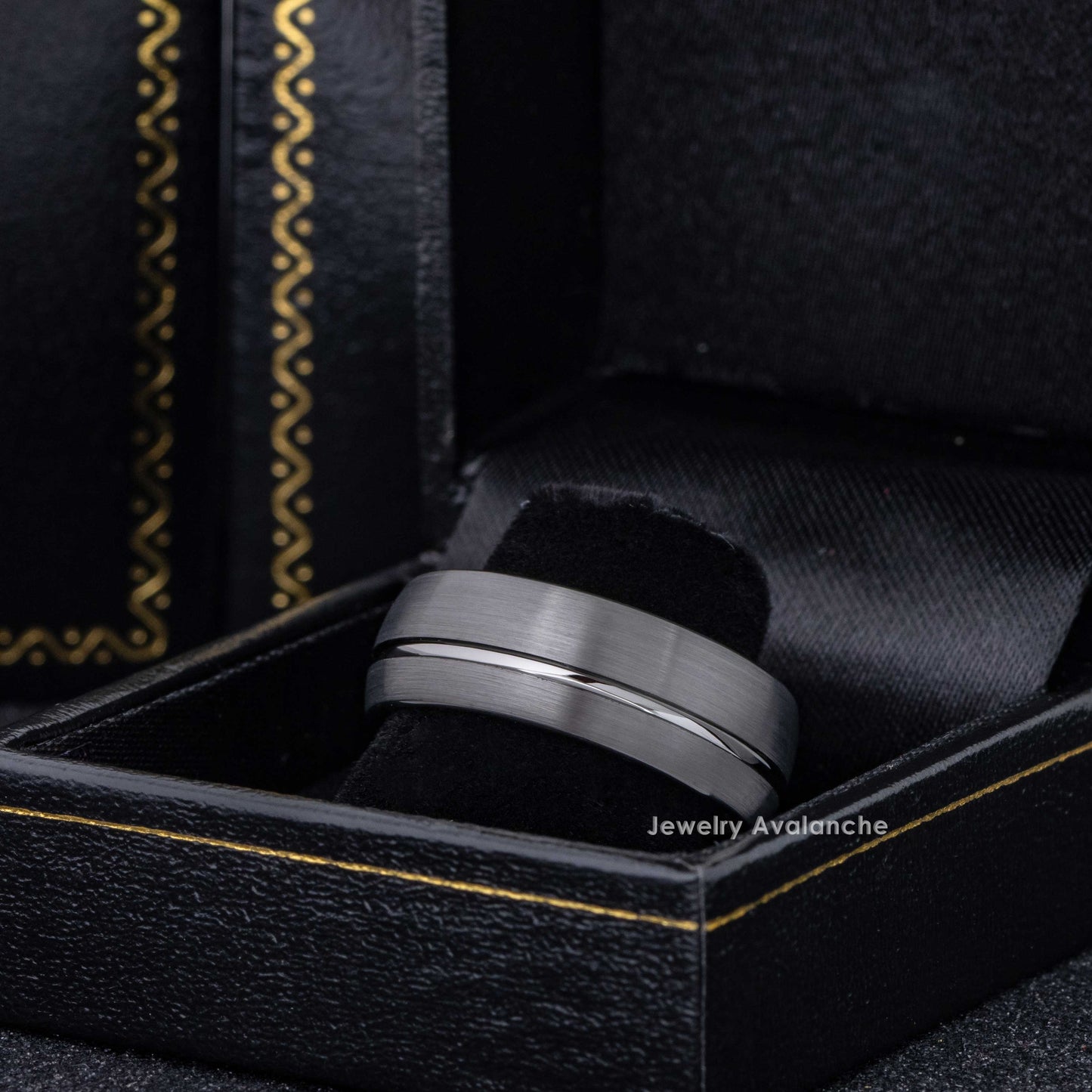 Jewelry Avalanche Mens Gunmetal Tungsten Carbide Wedding Band, Comfort-fit, Dome Offset Grooved, 8mm