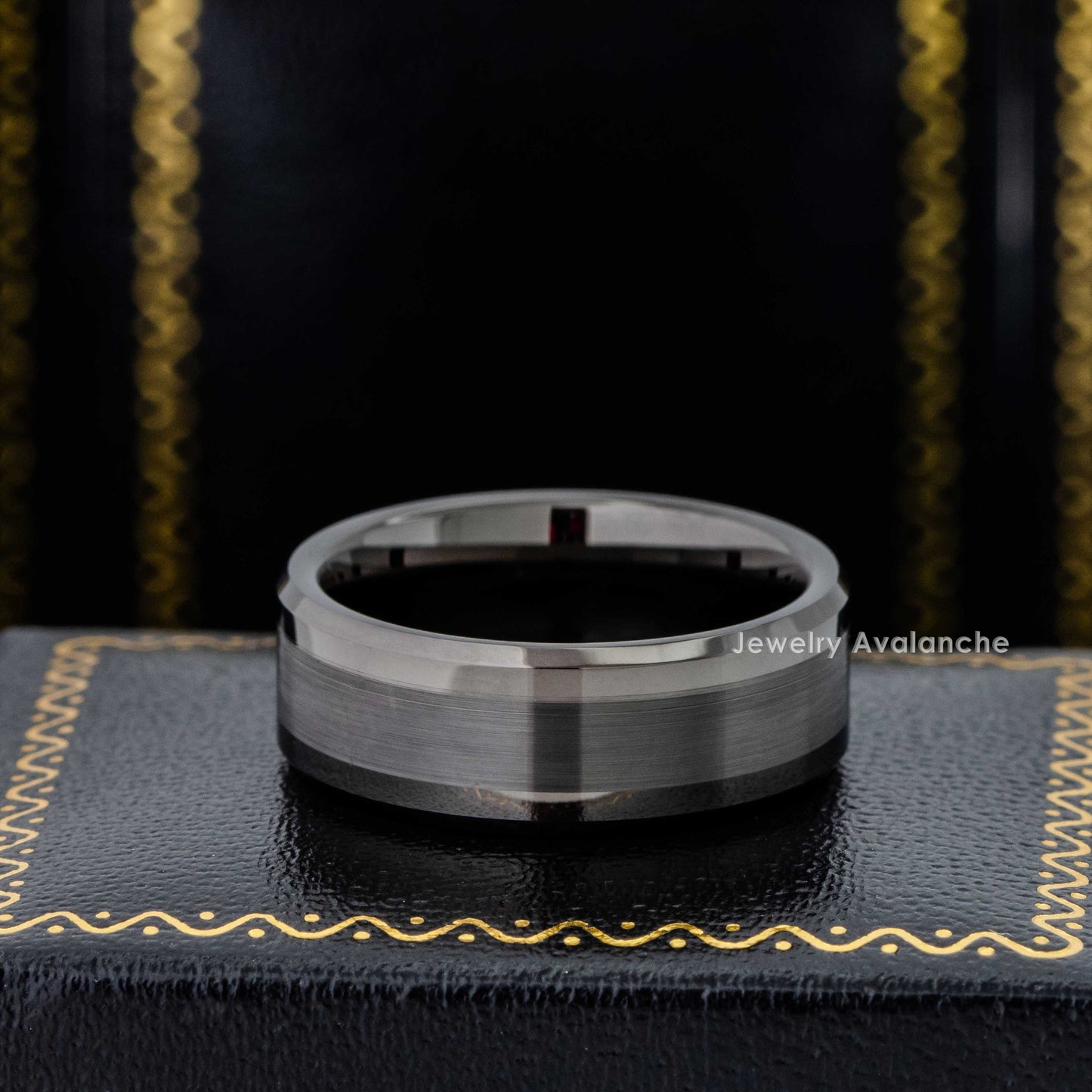 Jewelry Avalanche Mens Gunmetal Tungsten Carbide Wedding Band, Comfort-fit, Brushed Center Beveled Edge, 8mm
