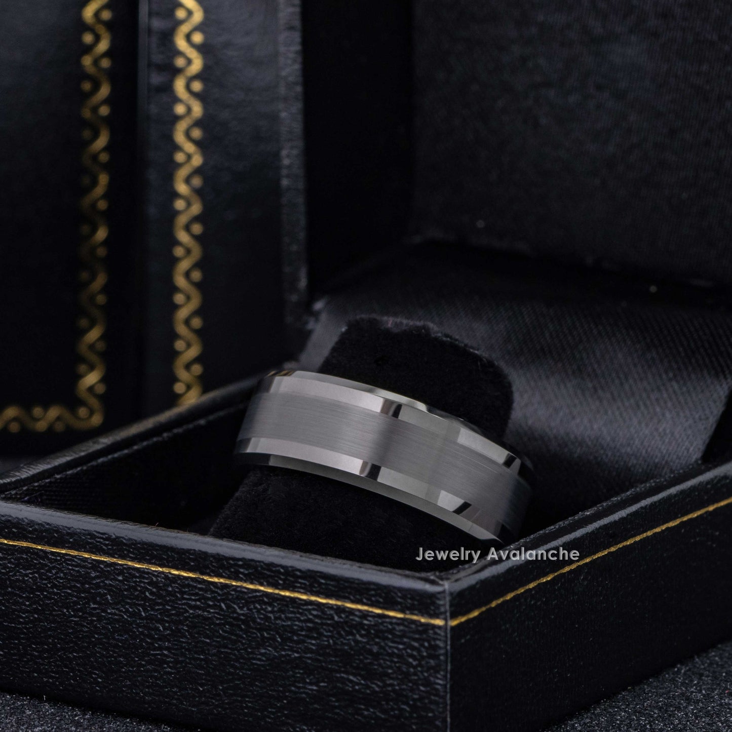 Jewelry Avalanche Mens Gunmetal Tungsten Carbide Wedding Band, Comfort-fit, Brushed Center Beveled Edge, 8mm