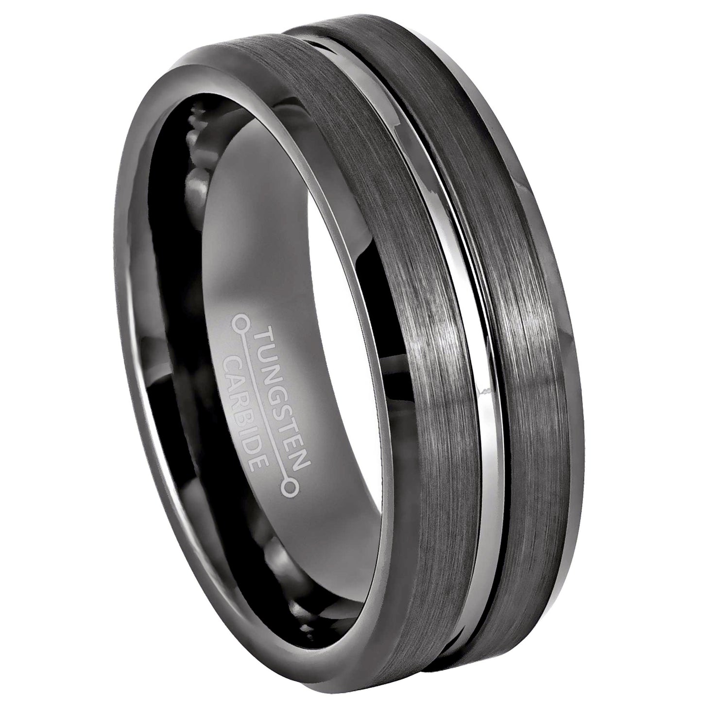 Jewelry Avalanche 8mm Beveled Grooved Center Gunmetal Tungsten Carbide Mens Wedding Band